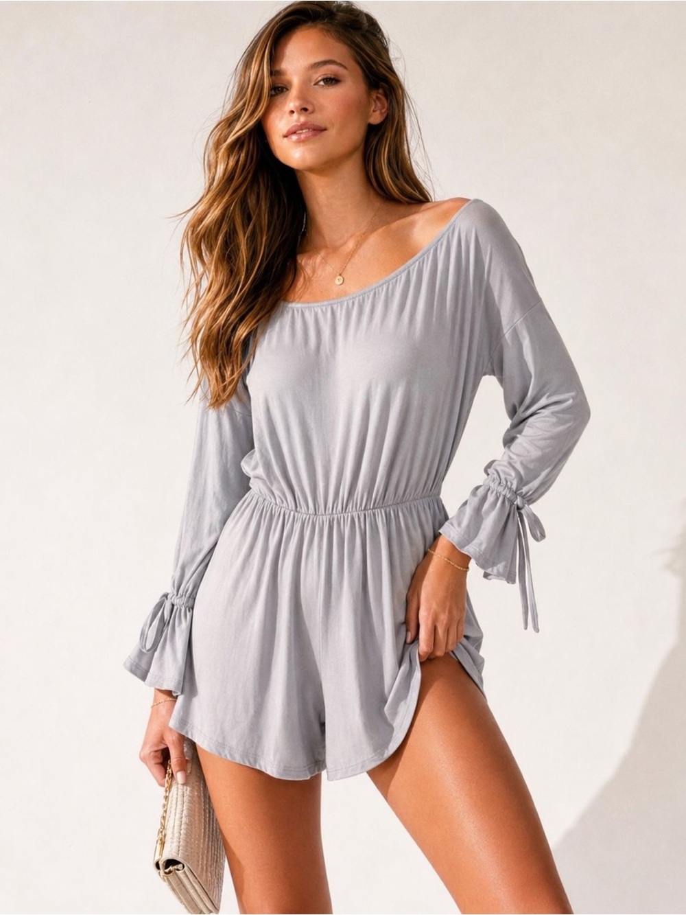 Lovers + Friends Light Gray Off-Shoulder Long-Sleeve Romper